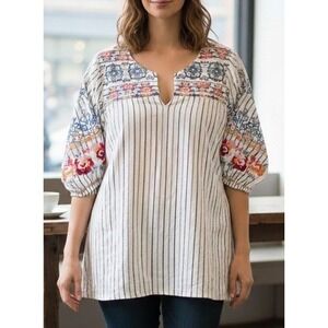 Savanna Jane Floral Embroidered Boho Puff Sleeve Tunic Blouse Women's Size M